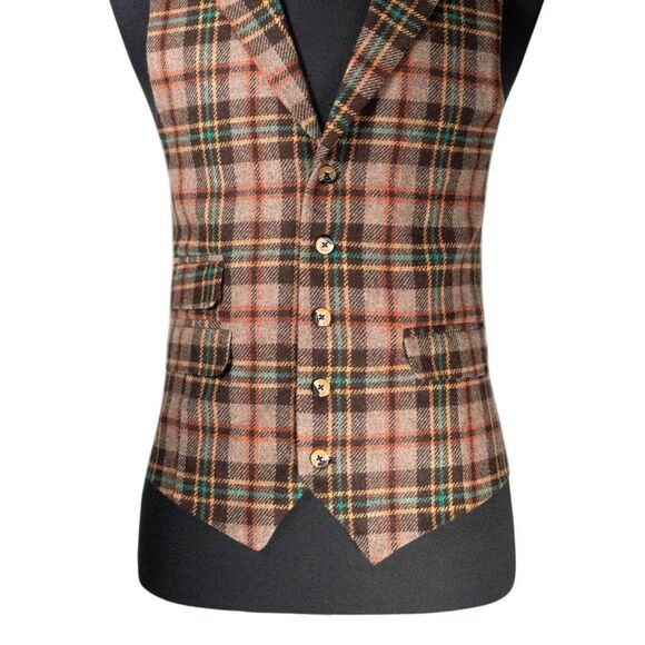 Mens 42R Wool Vest Brown Orange Teal Tartan Plaid Waistcoat Formal Wedding Party - Picture 5 of 10
